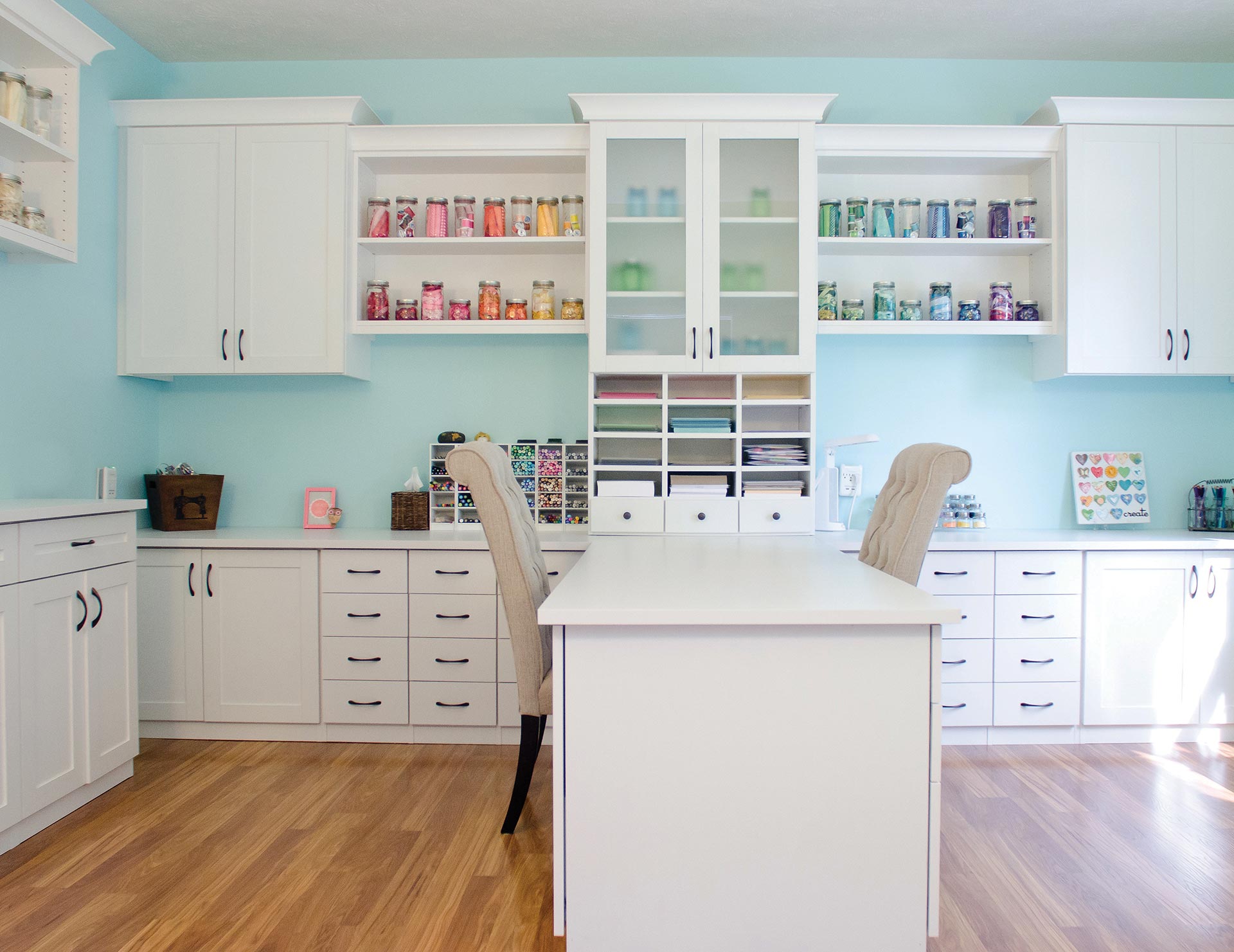 From My Craft Room - Craft Room Tour! - Hey, Let's Make Stuff - The stone buffet counter doubles as a durable workspace while a tall swivel chair can be used as a crafting chair or extra dining room seating.